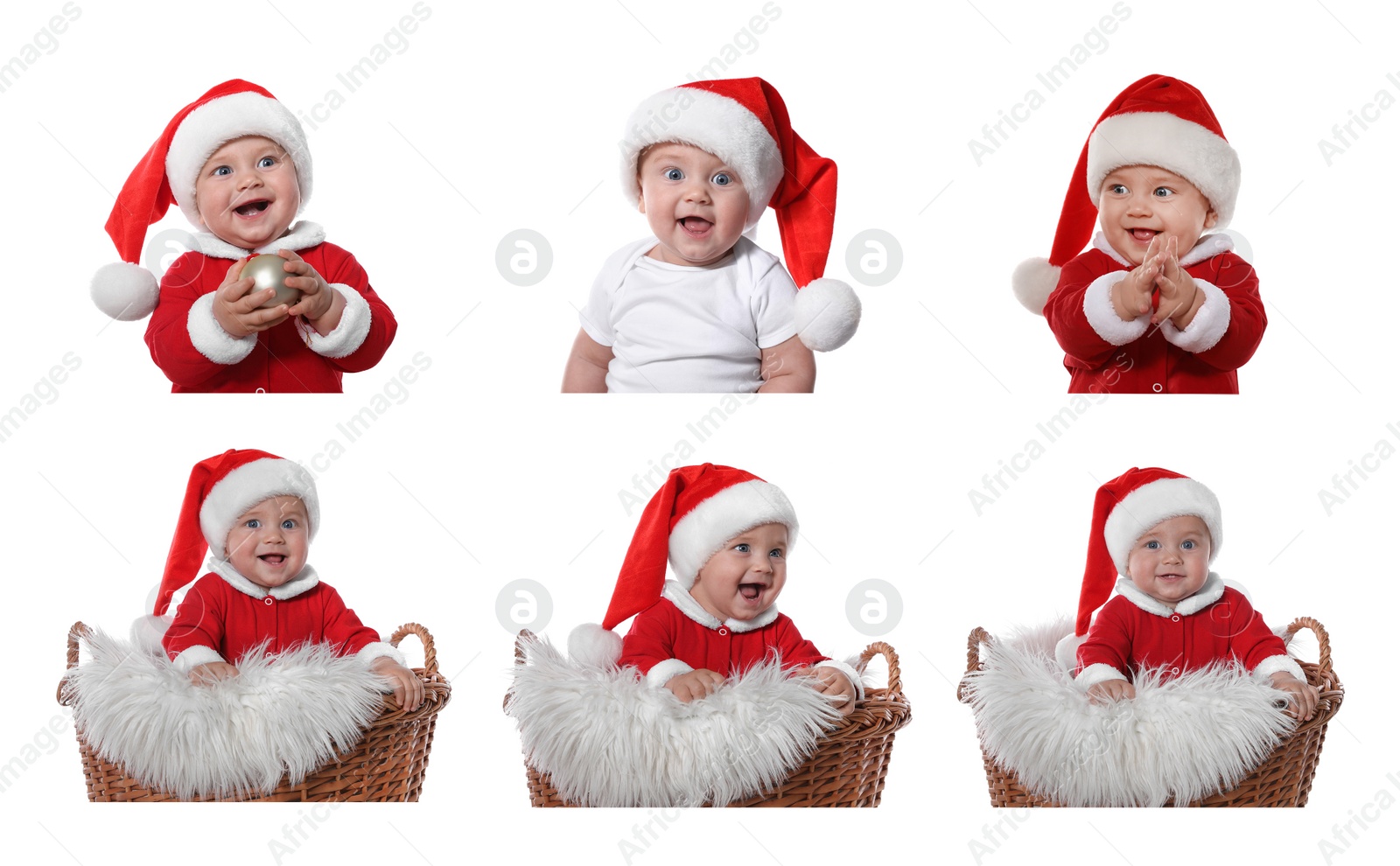 Image of Collage with photos of cute baby on white background. First Christmas 