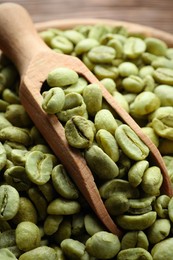 Photo of Green coffee beans and wooden scoop in bowl, closeup