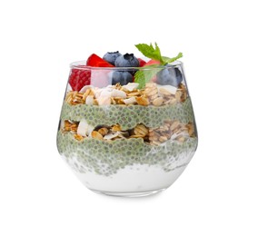 Photo of Tasty oatmeal with chia matcha pudding and berries on white background. Healthy breakfast