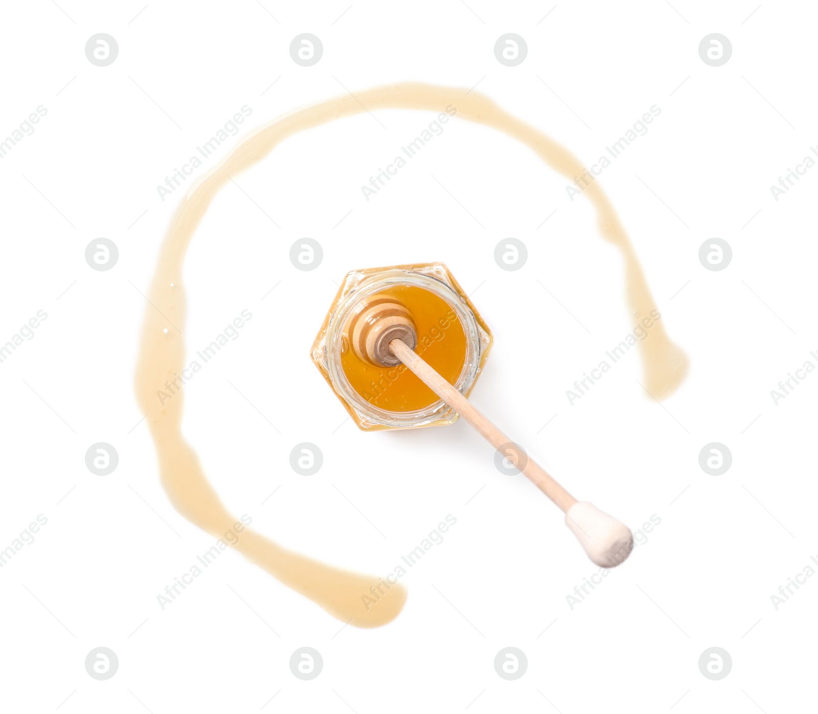 Photo of Jar with tasty natural honey and dipper on white background, top view