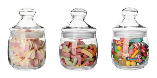 Image of Glass jars with different candies on white background, collage. Banner design