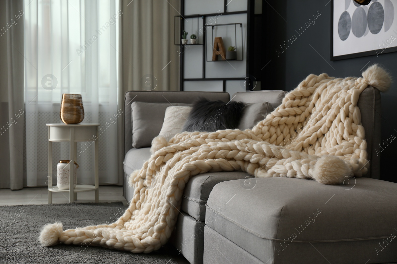 Photo of White knitted plaid on sofa in living room. Interior design