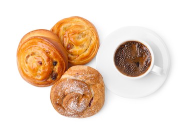 Delicious rolls with jam, powdered sugar, raisins and cup of coffee isolated on white, top view. Sweet buns