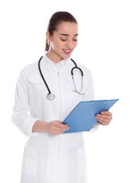 Portrait of medical doctor with clipboard and stethoscope isolated on white