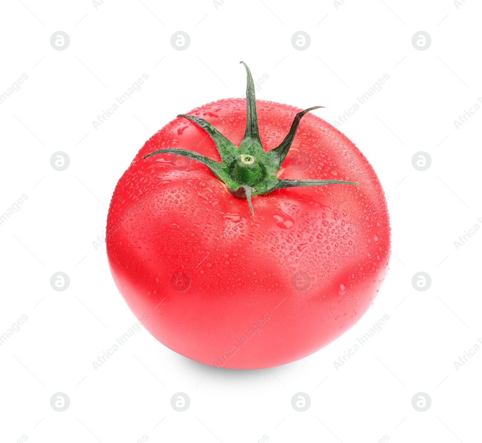 Photo of One red ripe tomato with water drops isolated on white