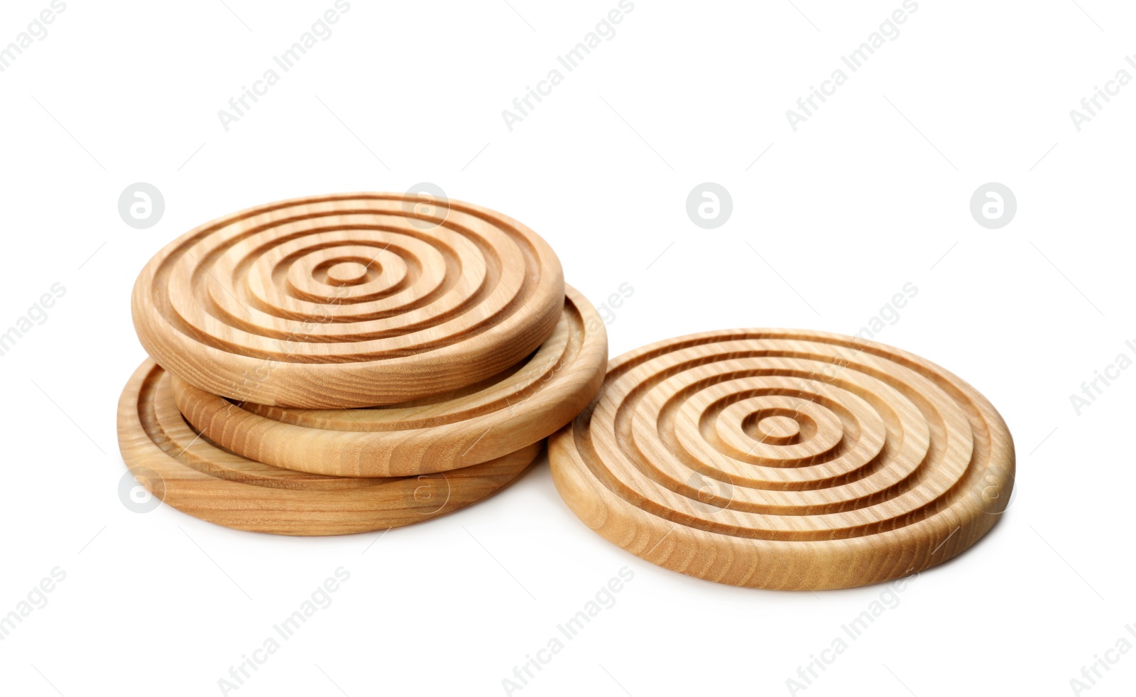 Photo of Stylish wooden cup coasters on white background