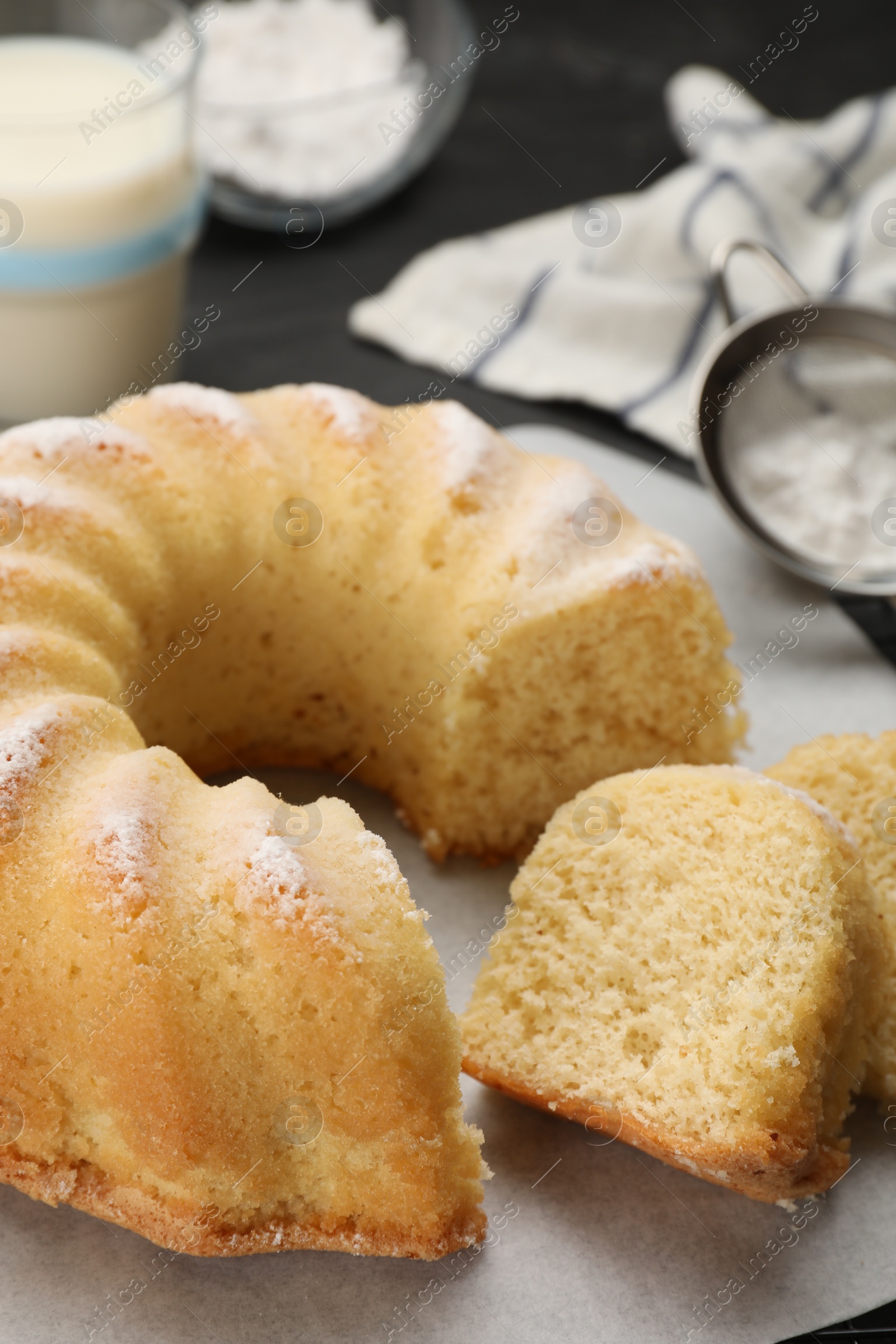 Photo of Delicious freshly baked sponge cake on table, closeup