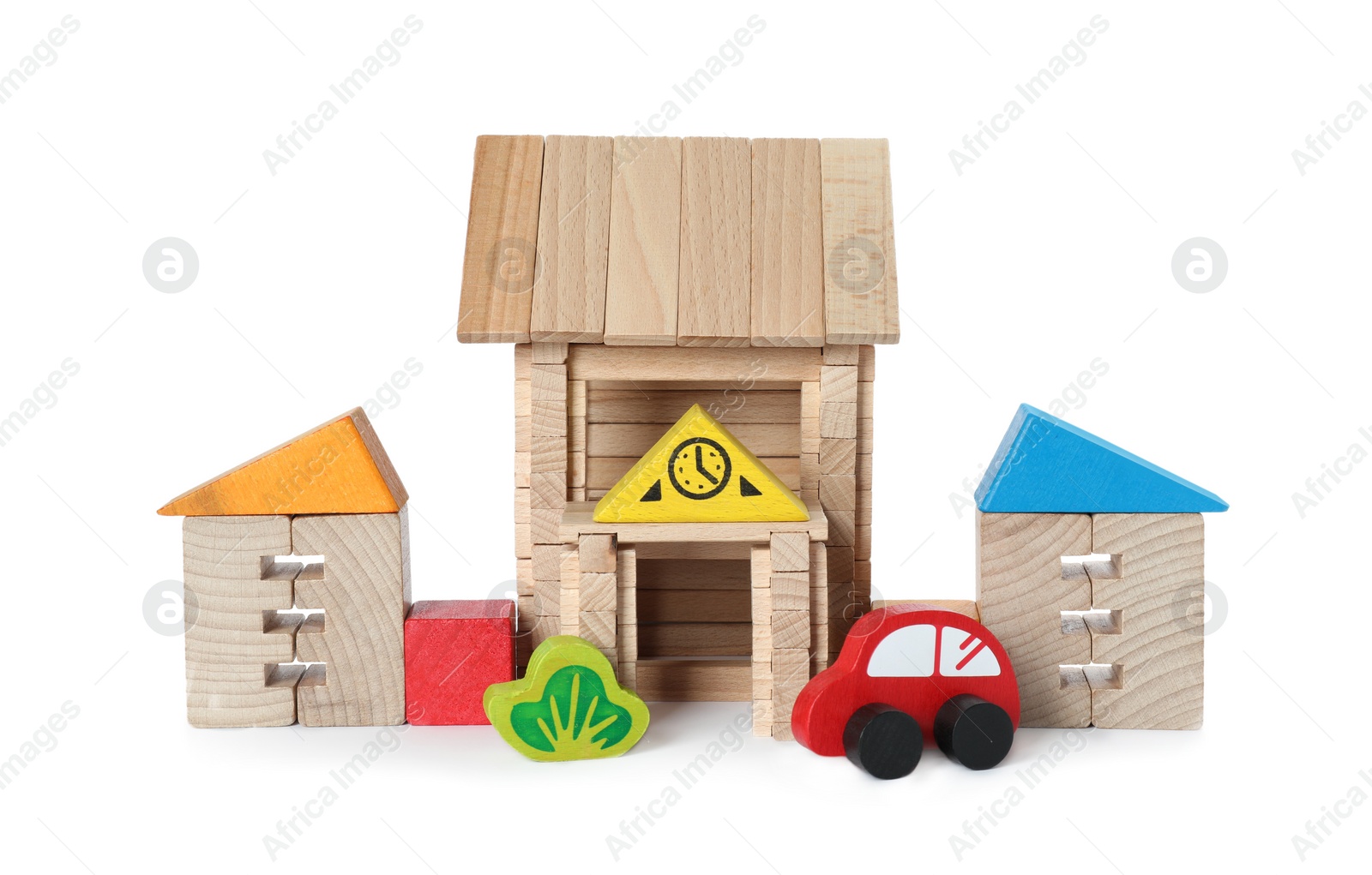 Photo of Set of wooden toys isolated on white. Children's development