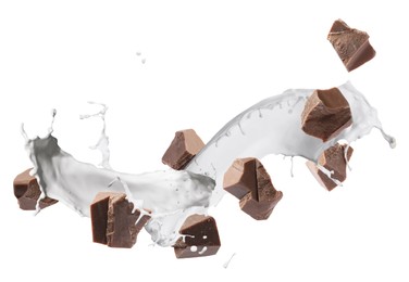 Image of Delicious chocolate and splash of milk on white background