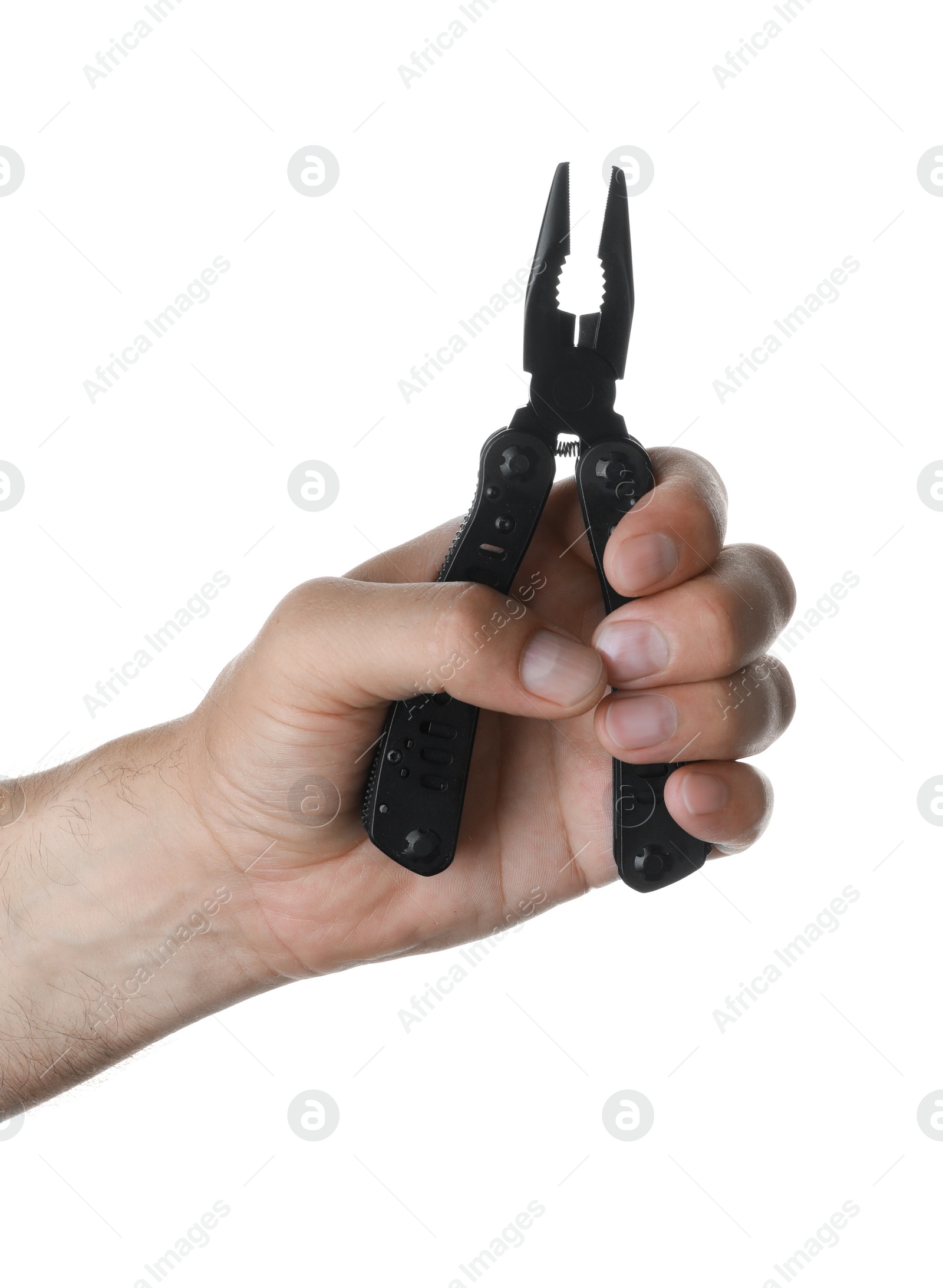 Photo of Man holding multitool on white background, closeup