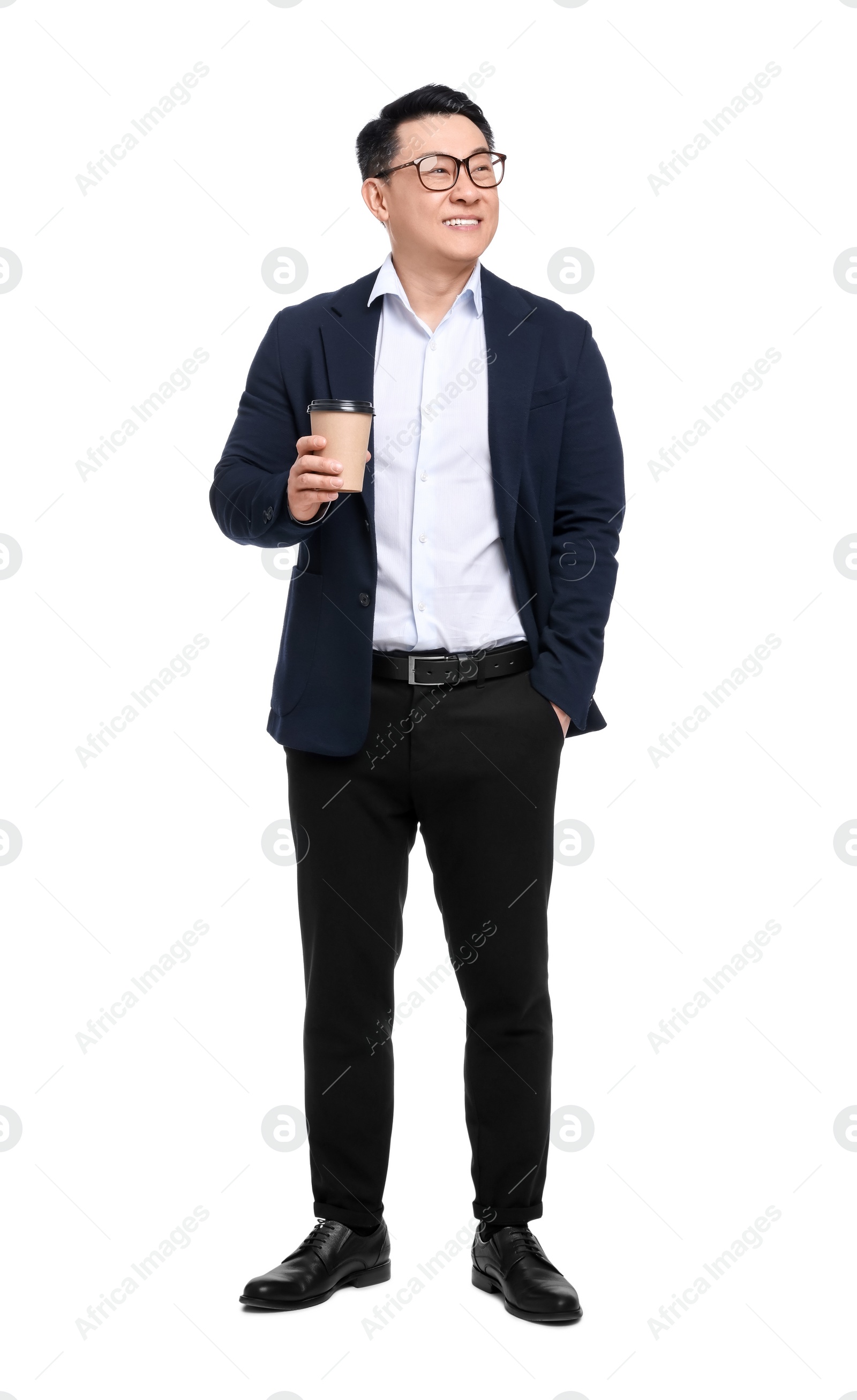 Photo of Businessman in suit with cup of drink on white background