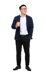 Photo of Businessman in suit with cup of drink on white background