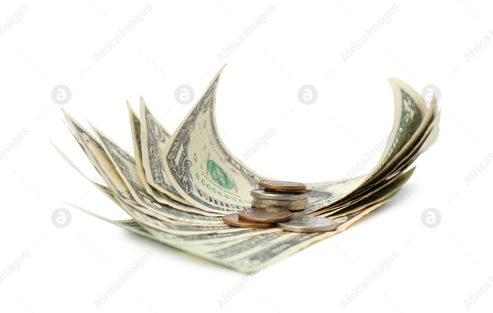 Photo of Dollar banknotes and stack of coins on white background