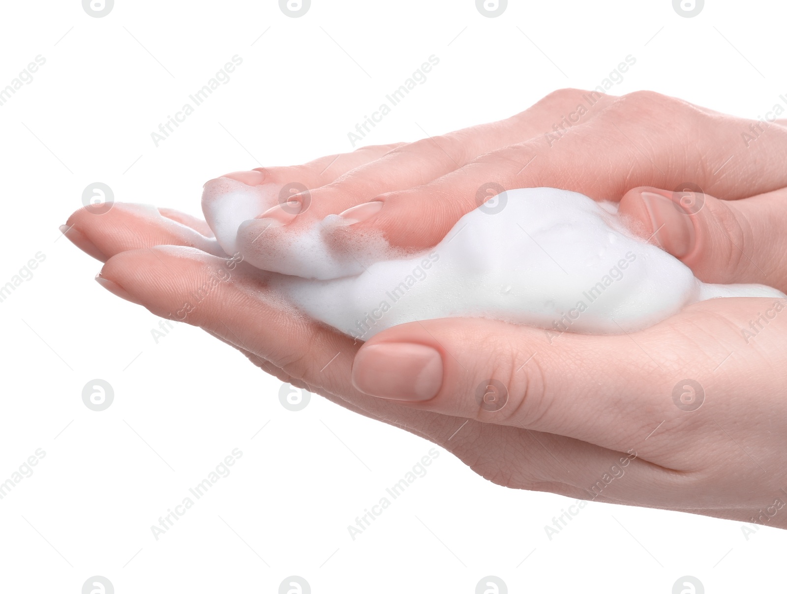 Photo of Woman with bath foam on white background, closeup