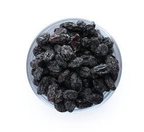 Bowl with raisins on white background, top view. Healthy dried fruit