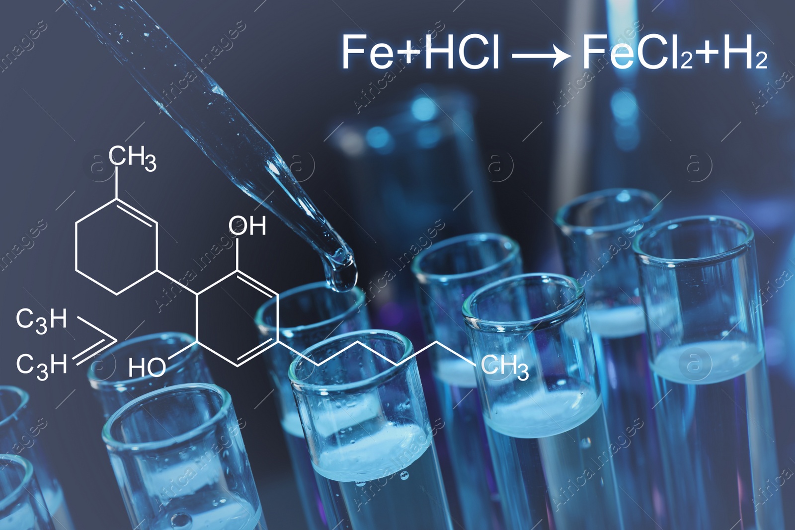 Image of Dripping reagent into test tube on dark background, closeup