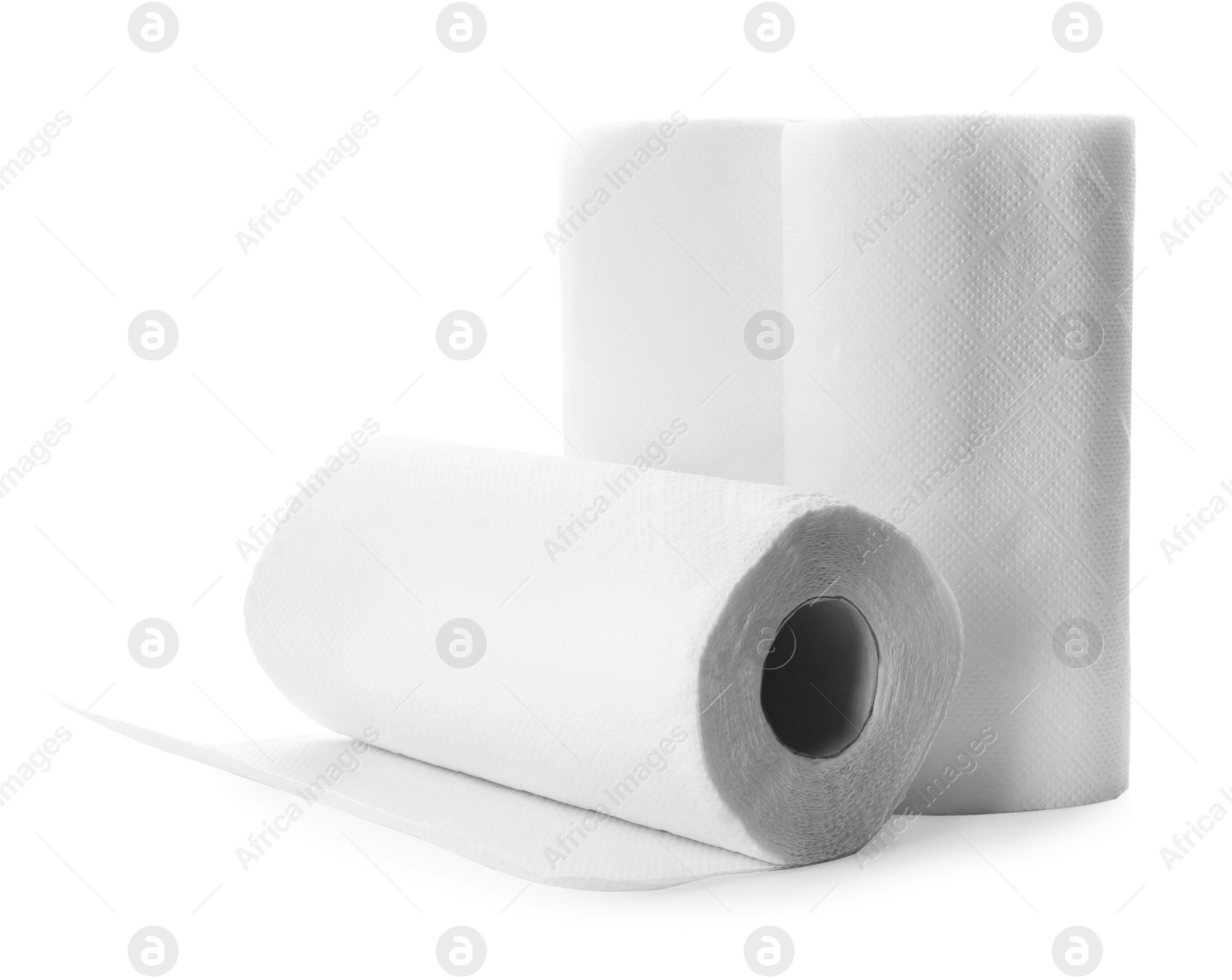 Photo of Rolls of paper tissues on white background