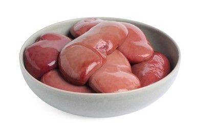 Photo of Bowl with fresh raw pork kidneys on white background