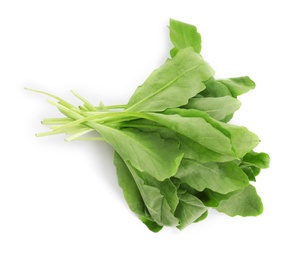 Photo of Fresh arugula on white background, top view