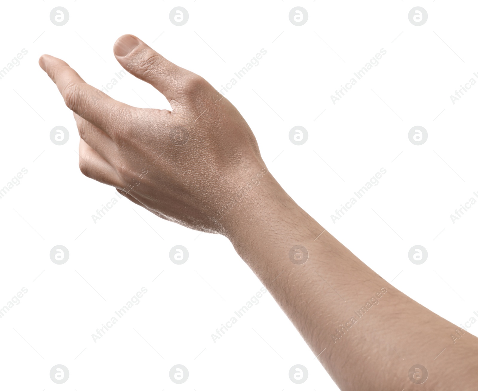 Photo of Man holding something in hand on white background, closeup