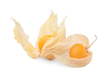 Photo of Ripe physalis fruits with calyxes isolated on white