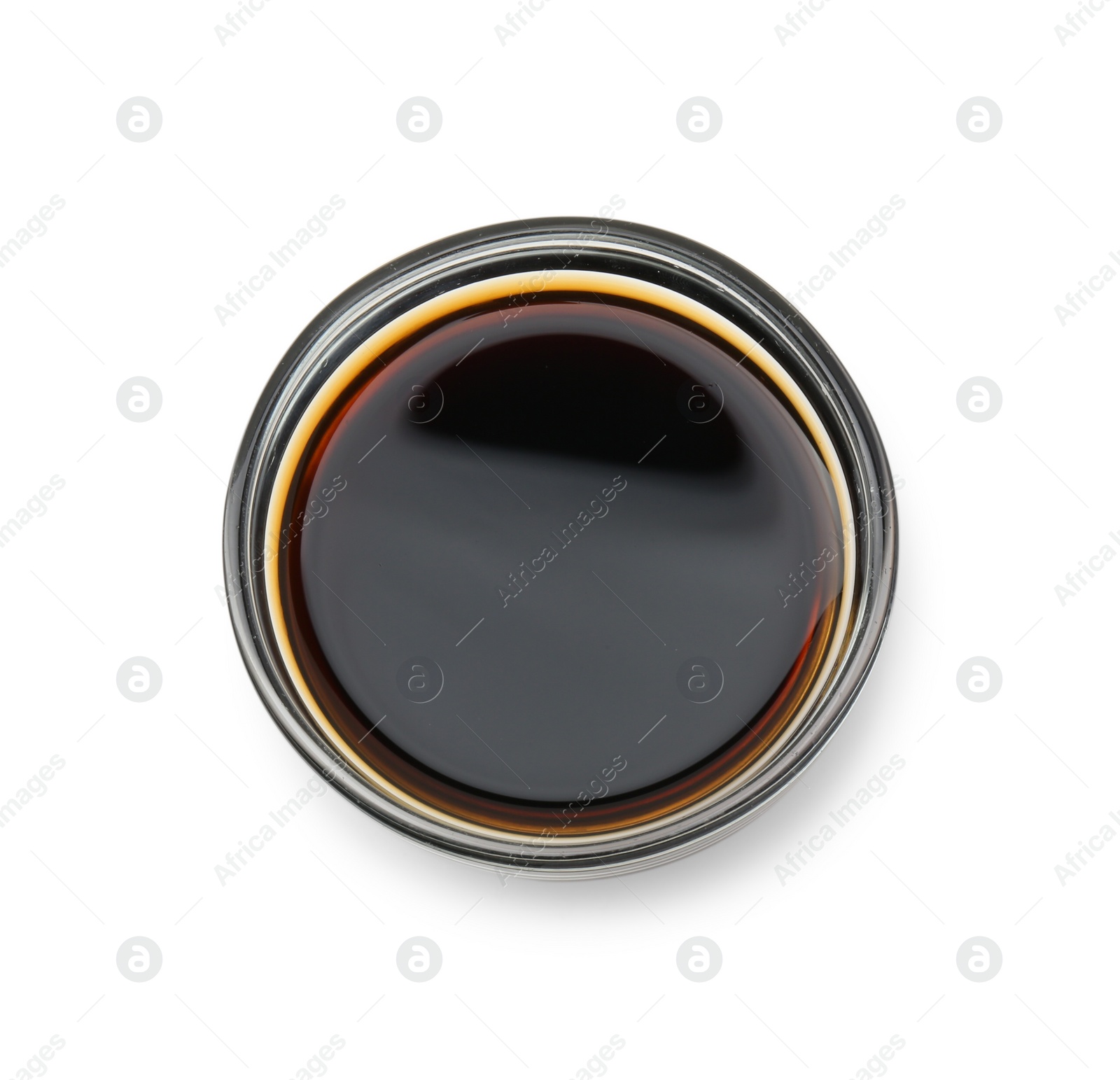 Photo of Tasty soy sauce in bowl isolated on white, top view