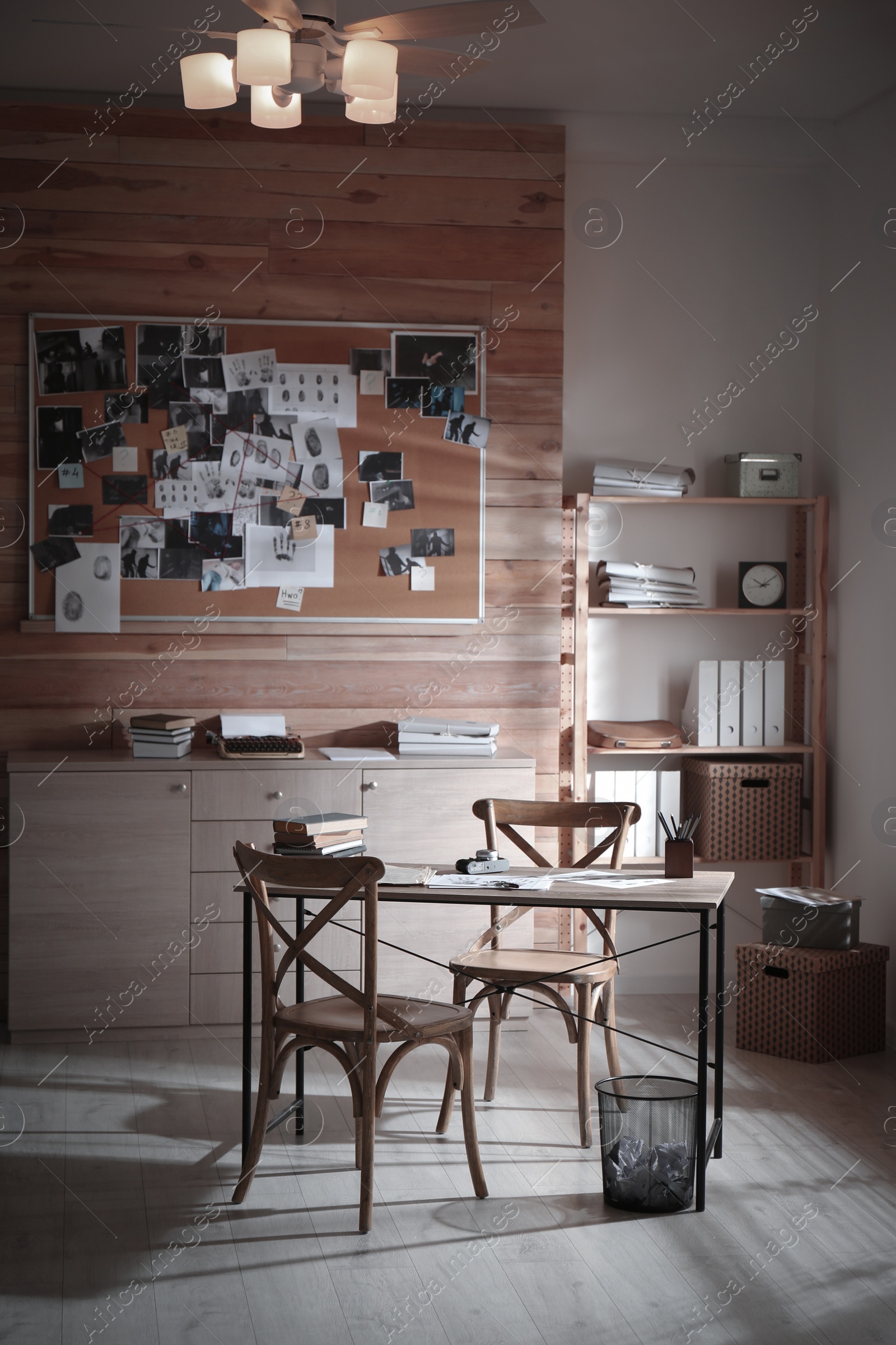 Photo of Detective office interior with evidence board on wall