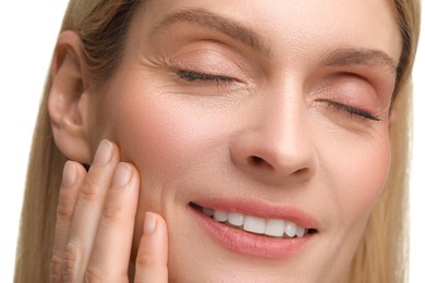 Beautiful woman with healthy skin on white background, closeup