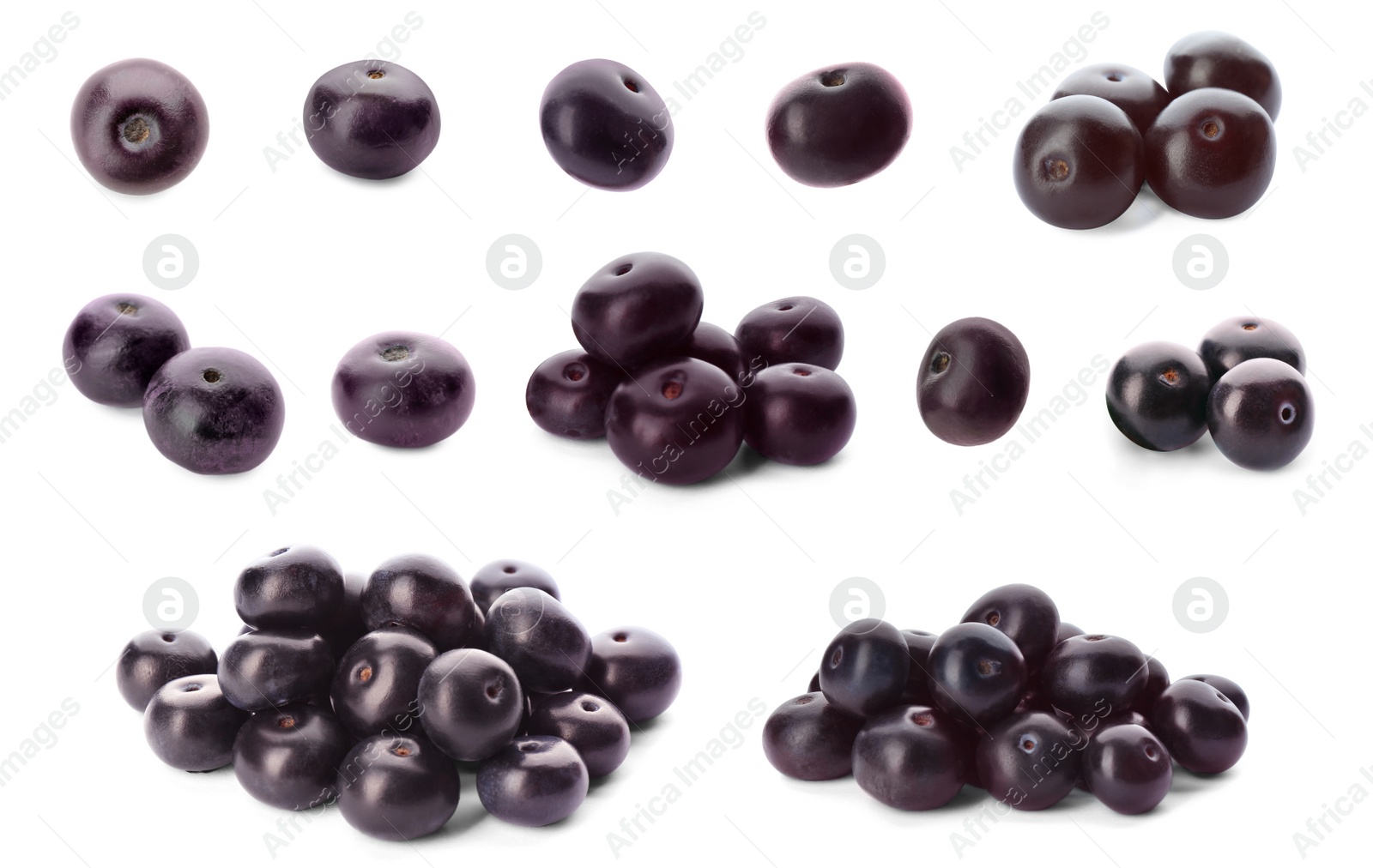 Image of Set of fresh acai berries on white background