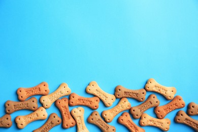 Photo of Bone shaped dog cookies on light blue background, flat lay. Space for text