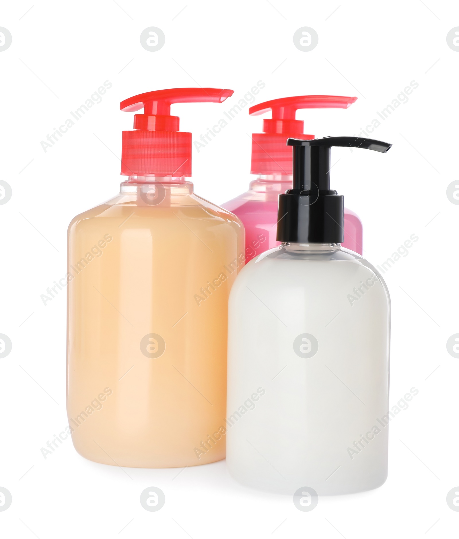 Photo of Dispensers of liquid soap on white background