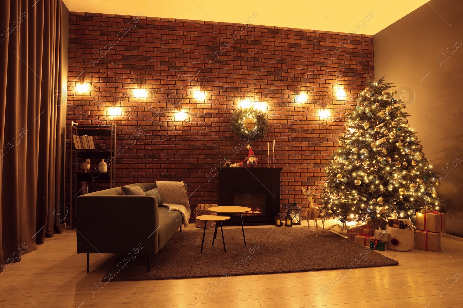 Photo of Beautiful tree with festive lights and Christmas decor in living room. Interior design