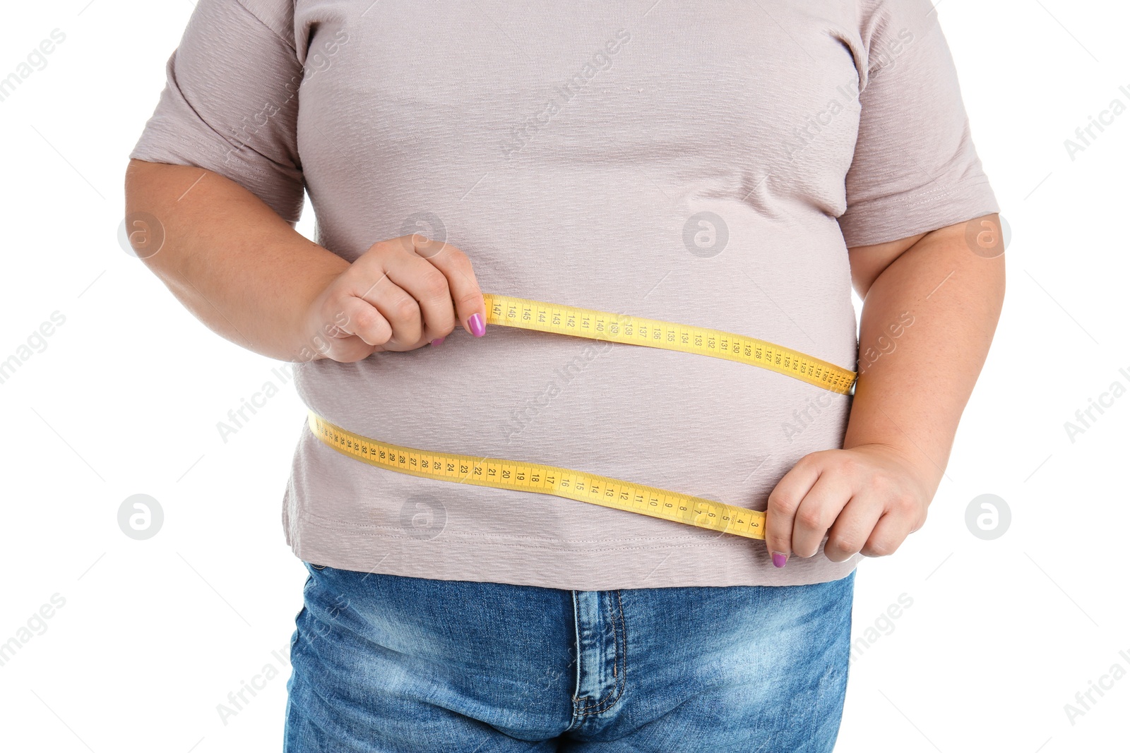 Photo of Overweight woman with measuring tape on white background, closeup