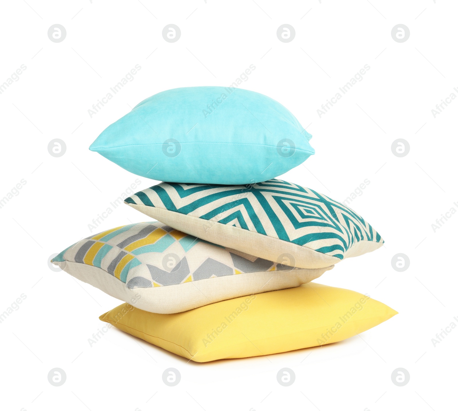 Photo of Different colorful decorative pillows on white background