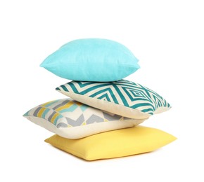 Different colorful decorative pillows on white background