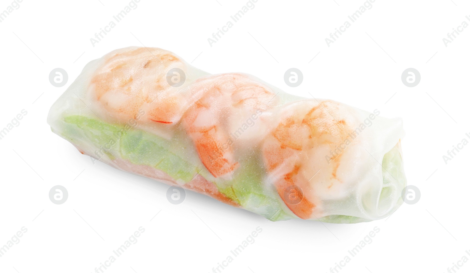 Photo of Tasty spring roll with shrimps isolated on white