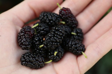 Photo of Woman holding tasty ripe mulberries, closeup view