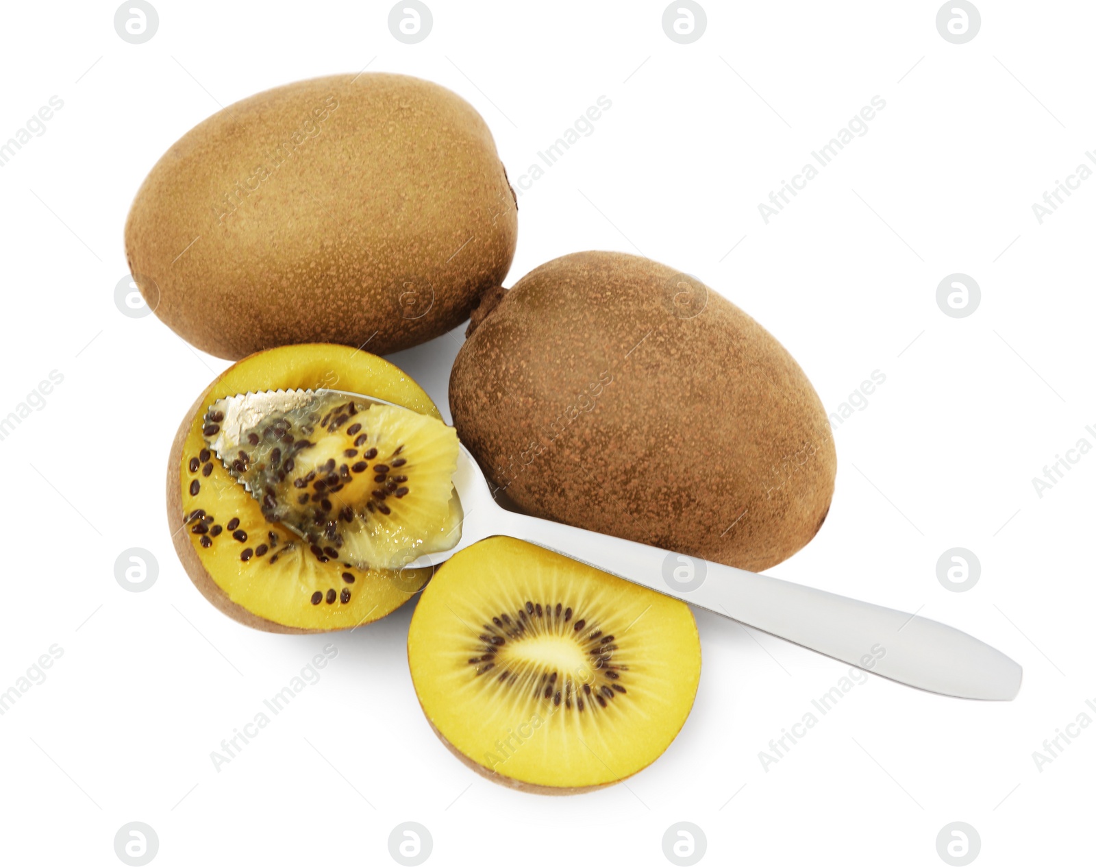 Photo of Fresh ripe yellow kiwis with spoon on white background, top view