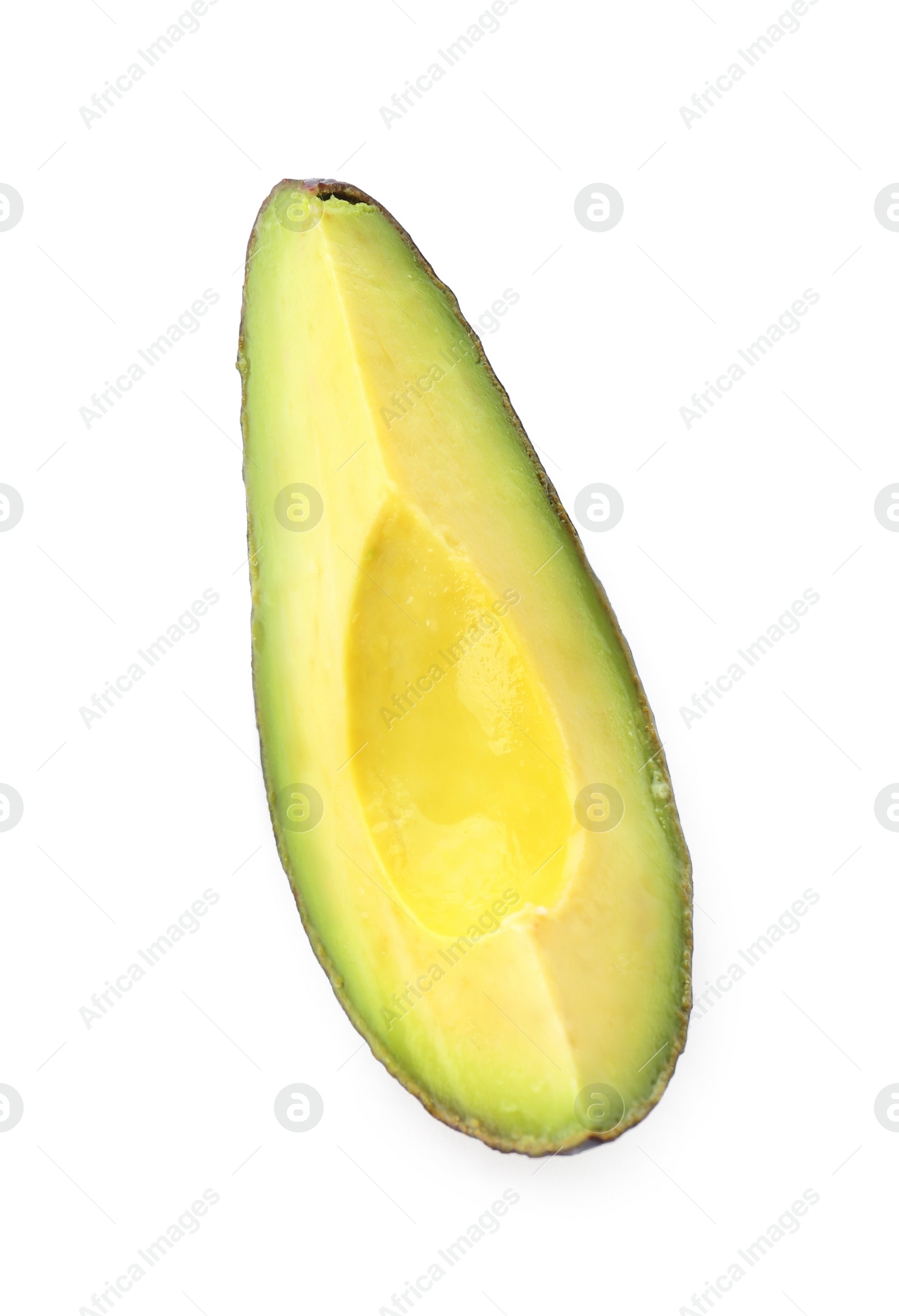 Photo of Slice of ripe avocado isolated on white, top view