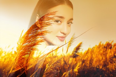 Image of Harmony, balance, mindfulness. Beautiful woman and golden field at sunset, double exposure