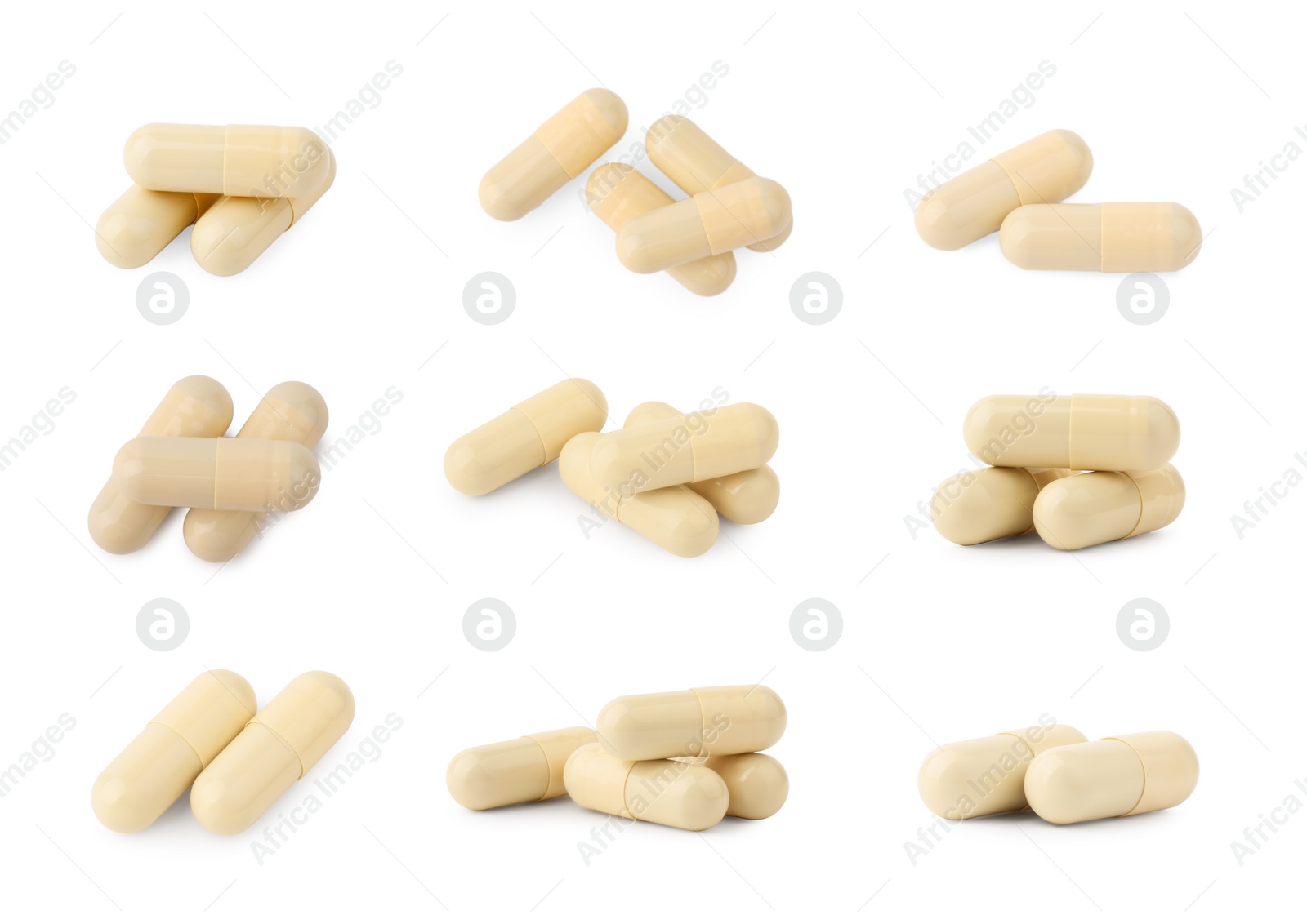 Image of Collage of vitamin pills isolated on white