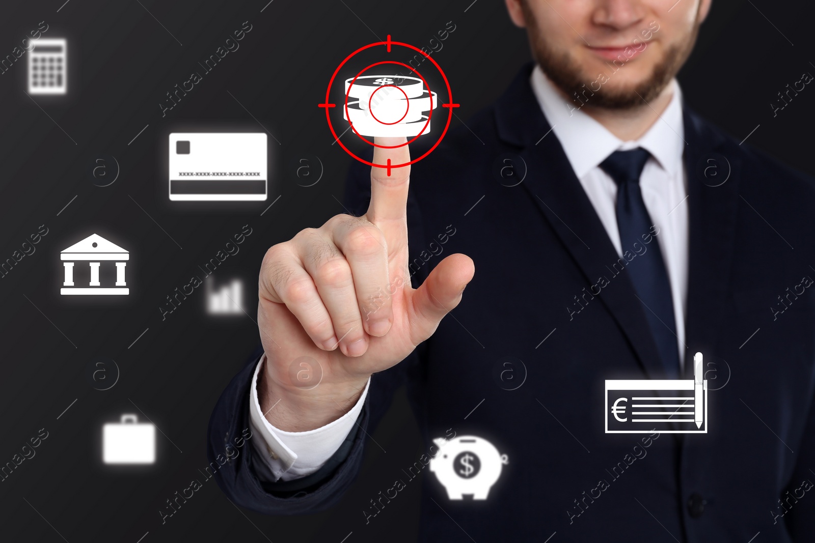Image of Man touching stacked coins icon in target on digital screen against dark background, closeup