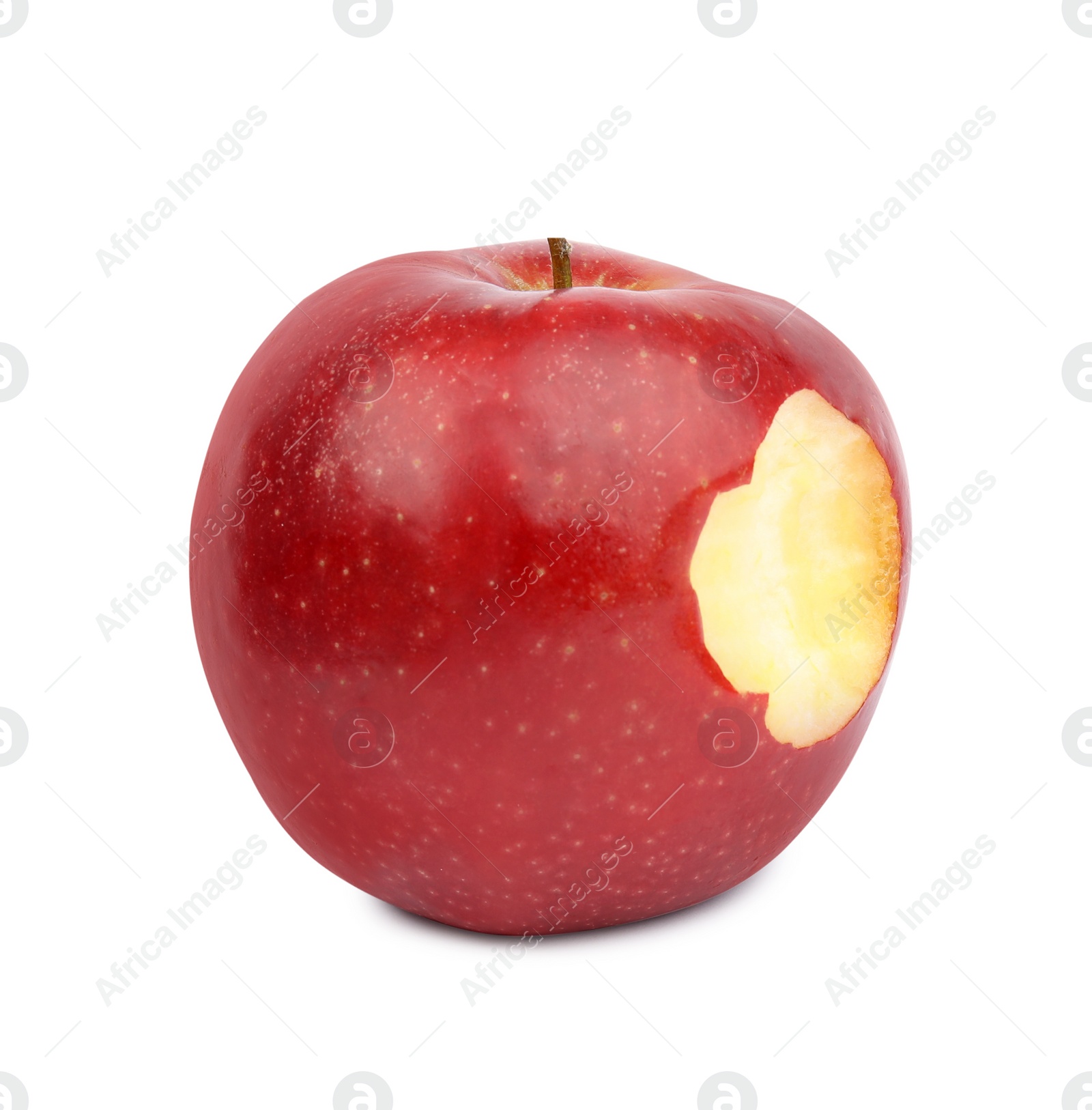 Photo of Ripe juicy red apple with bite mark on white background