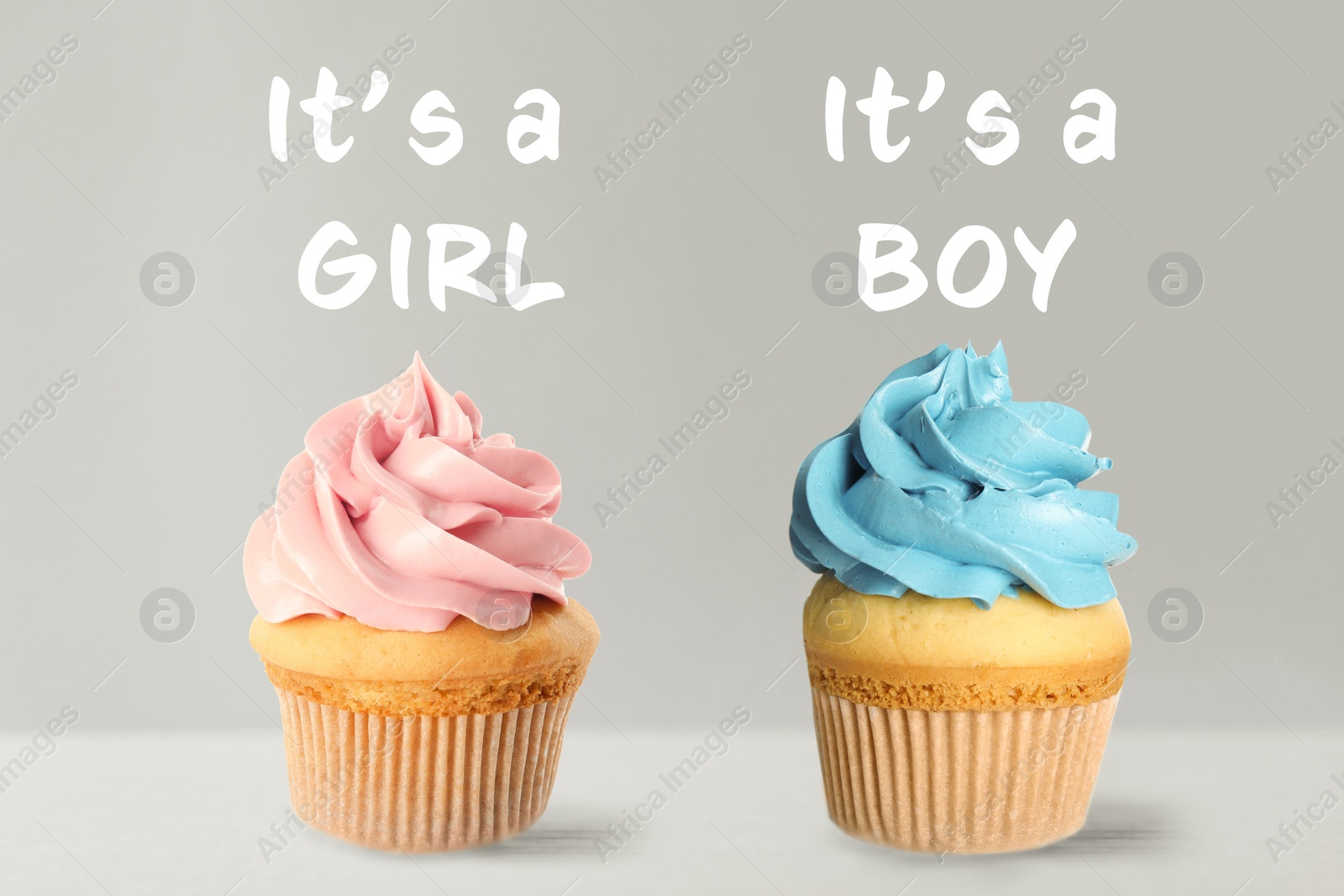 Image of Baby shower cupcakes for boy and girl on light background