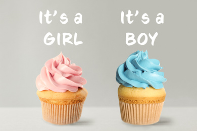 Image of Baby shower cupcakes for boy and girl on light background