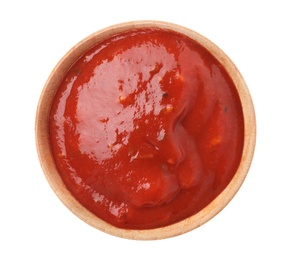 Photo of Bowl with red sauce isolated on white, top view