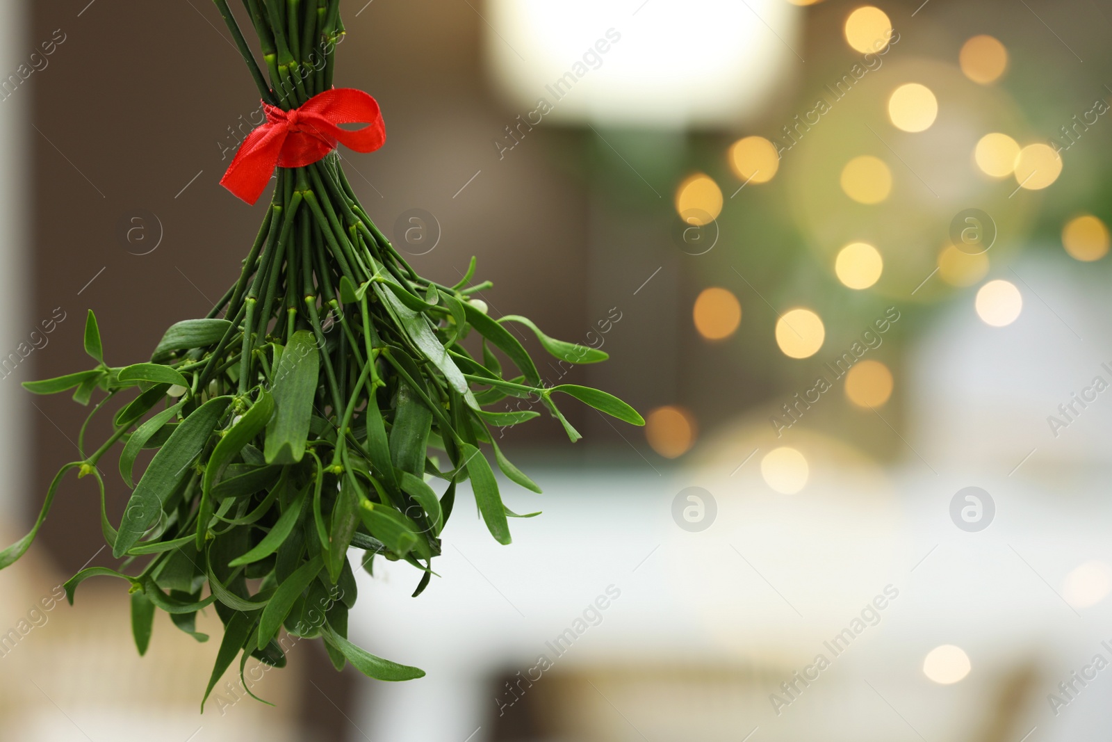 Photo of Mistletoe bunch with red bow on blurred background, space for text. Traditional Christmas decor