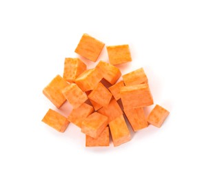 Photo of Heap of cut sweet potato on white background, top view