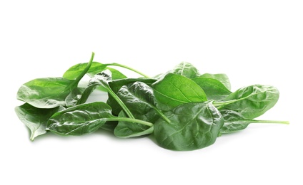 Photo of Heap of fresh green healthy baby spinach leaves isolated on white