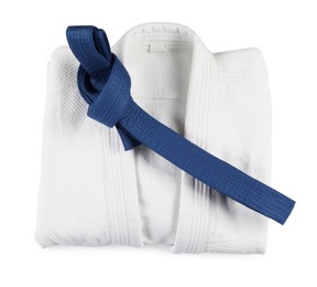 Martial arts uniform with blue belt isolated on white, top view